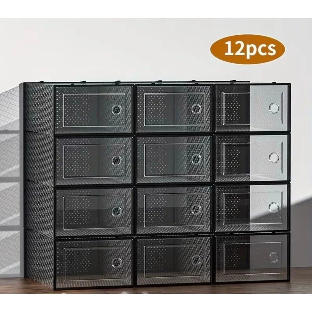 New 12-Pack Large Shoe Storage Organizers – Clear Display & Stackable (Black)